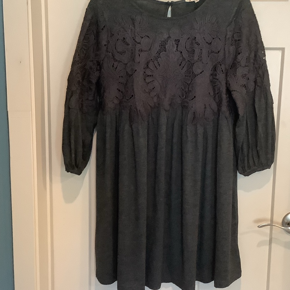 Charcoal Gray Lace Yoke Dress - Classic Fit